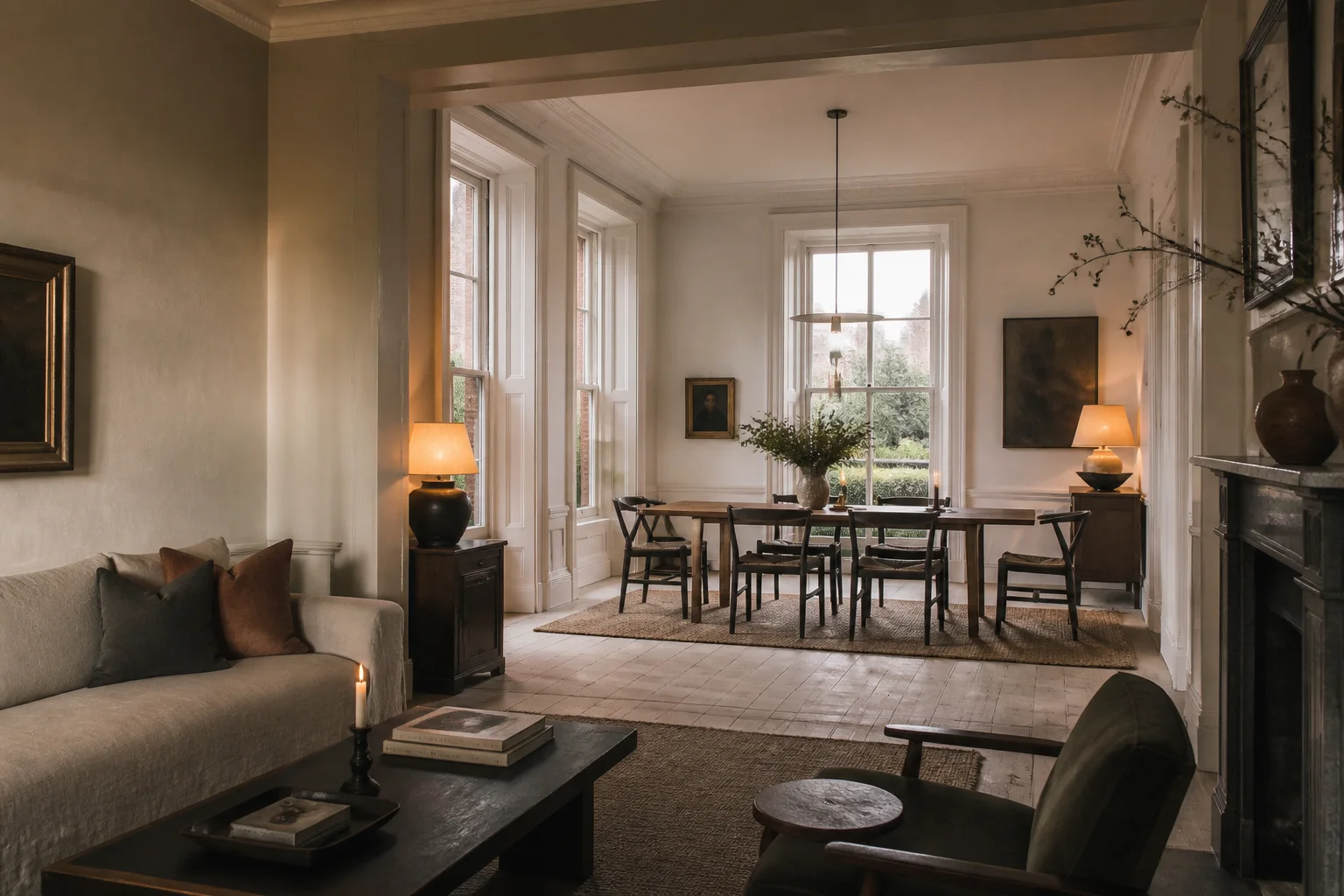 Warm British townhouse dining and living space